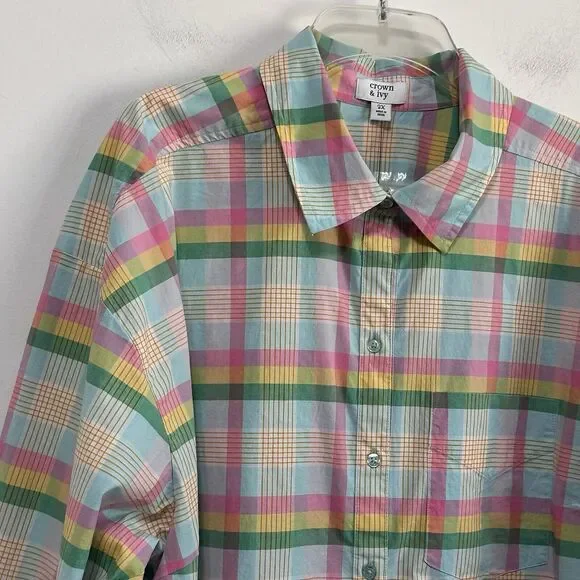 Crown & Ivy Top Blouse 2X Plus Roll Tab Sleeve Button Front‎ Easter Pastel NEW - Picture 4 of 10